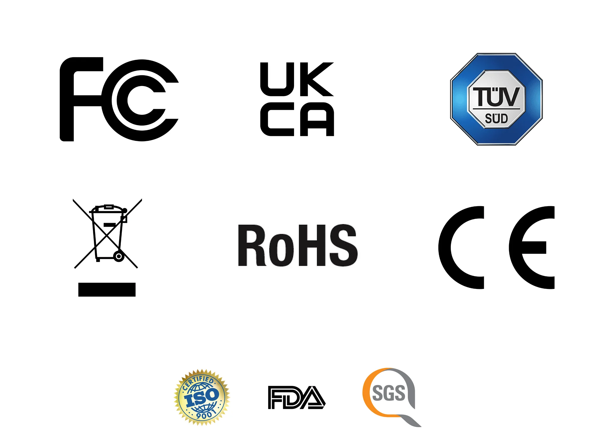 國際認證標誌 - FCC, UKCA, TÜV SÜD, WEEE, RoHS, CE